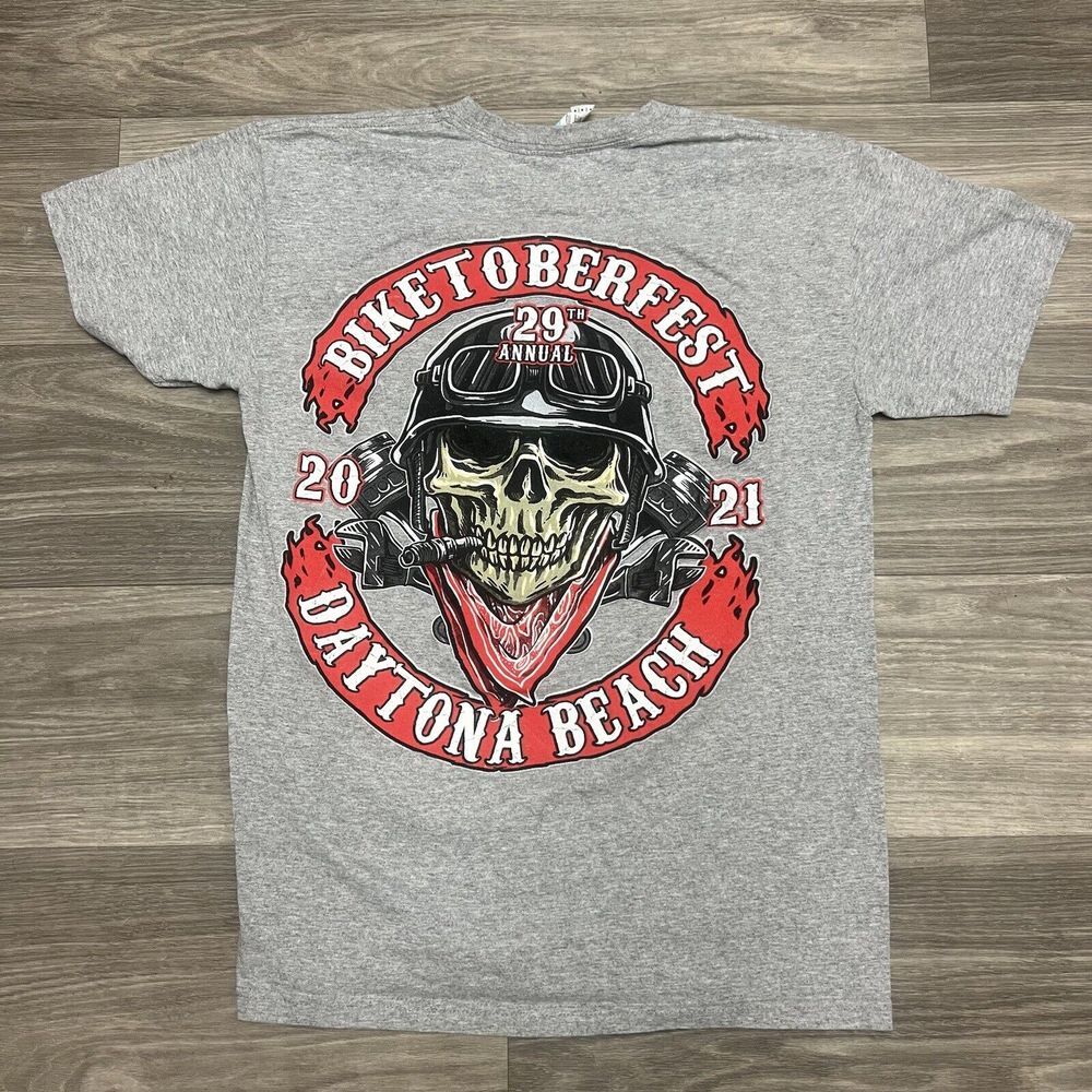 Biketoberfest T Shirt‎ Mens M Gray Cowboy Skull Skeleton Biker Chopper Hotrod